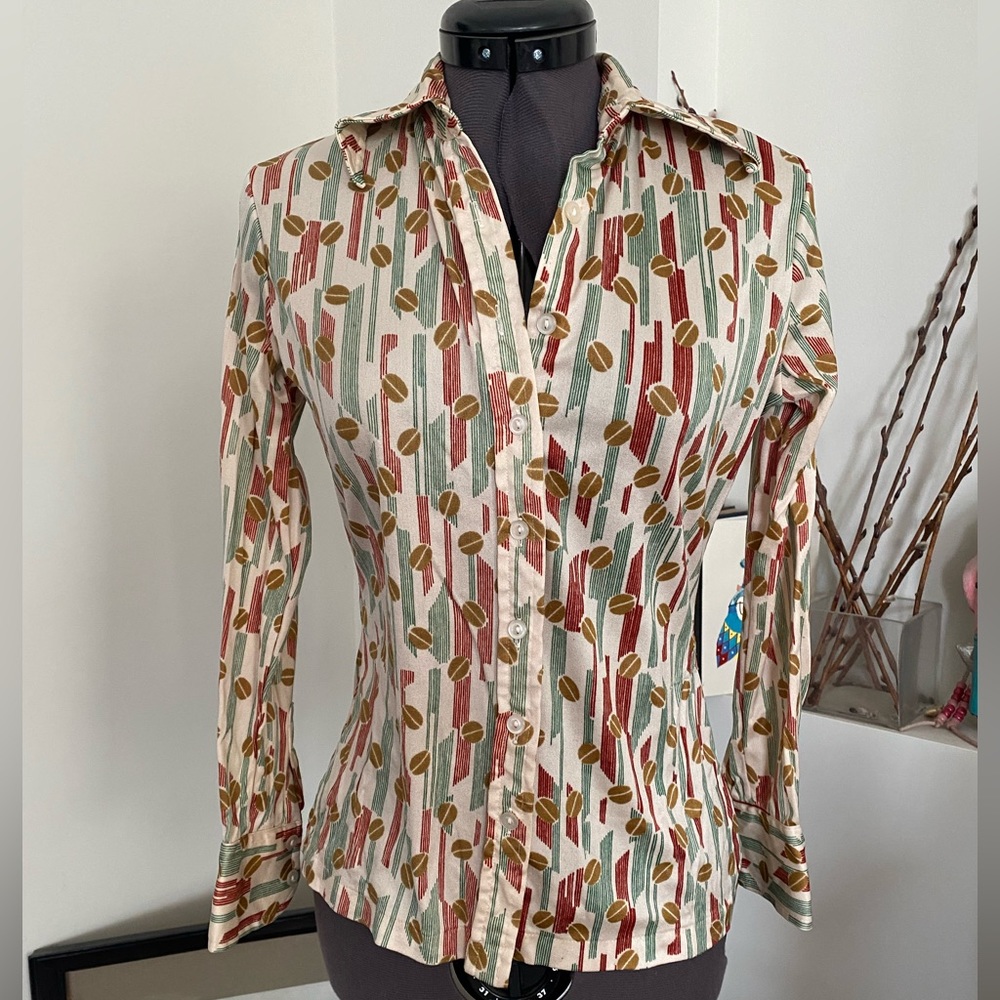 VTG 70’s poly coffee bean print button down, XS/S